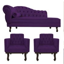 Kit Diva Recamier Juliana 130cm Lado Direito e 02 Poltronas Classic Suede Roxo - Amarena Móveis