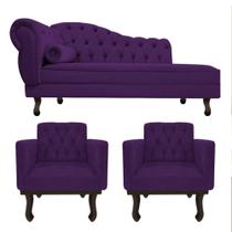 Kit Diva Recamier Juliana 130cm Lado Direito e 02 Poltronas Classic Suede Roxo - Amarena Móveis