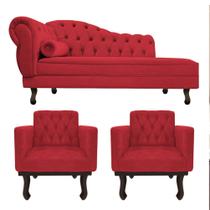 Kit Diva Recamier Juliana 130cm Lado Direito e 02 Poltronas Classic Suede Vermelho - Amarena Móveis