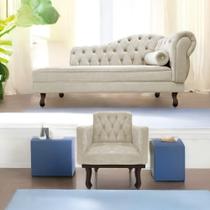 Kit Diva Recamier Juliana 130cm Lado Esquerdo e 01 Poltrona Classic Linho Bege - Amarena Móveis Kit Diva Recamier Juliana 130cm Lado Esquerdo e 01 Poltrona Classic Linho Bege - Amarena Móveis