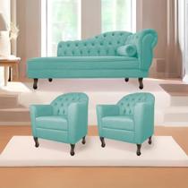 Kit Diva Recamier Juliana 130cm Lado Esquerdo e 02 Poltronas Julia Suede Azul Tiffany - Amarena Móveis Kit Diva Recamier Juliana 130cm Lado Esquerdo e 02 Poltronas Julia Suede Azul Tiffany - Amarena Móveis
