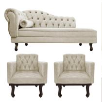 Kit Diva Recamier Juliana 140cm Lado Direito e 02 Poltronas Classic Linho Bege - Amarena Móveis