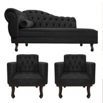 Kit Diva Recamier Juliana 140cm Lado Direito e 02 Poltronas Classic Suede Preto - Amarena Móveis