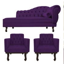 Kit Diva Recamier Juliana 140cm Lado Esquerdo e 02 Poltronas Classic Suede Roxo - Amarena Móveis