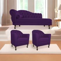 Kit Diva Recamier Juliana 185cm Lado Direito e 02 Poltronas Julia Suede Roxo - Amarena Móveis