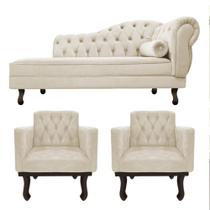 Kit Diva Recamier Juliana 185cm Lado Esquerdo e 02 Poltronas Classic Suede Bege - Amarena Móveis