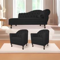 Kit Diva Recamier Juliana 185cm Lado Esquerdo e 02 Poltronas Julia Corano Preto - Amarena Móveis Kit Diva Recamier Juliana 185cm Lado Esquerdo e 02 Poltronas Julia Corano Preto - Amarena Móveis