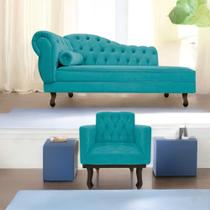 Kit Diva Recamier Juliana130cm Lado Direito e 01 Poltrona Classic Suede Azul Turquesa - Amarena Móveis