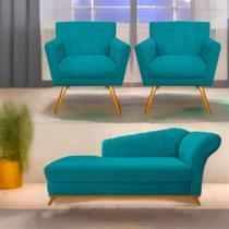 Kit Diva Recamier Vanessa 140cm Lado Esquerdo e 02 Poltronas Laura Suede Azul Turquesa - Amarena Móveis