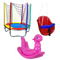 Kit Diversão Infantil Cama Elástica 1,40m, Balanço Baby Vermelho e Gangorra Minhoca