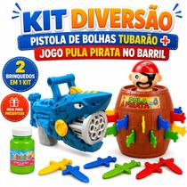 Kit Diversão Infantil Jogo Pula Pirata no Barril e Pistola Tubarão Máquina de Fazer Bolhas Kit Diversão Infantil Jogo Pula Pirata no Barril e Pistola Tubarão Máquina de Fazer Bolhas