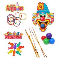 Kit Diversão Tradicional Festa Junina Jogos Painel Pescaria E Argola + Palhaço Bocão