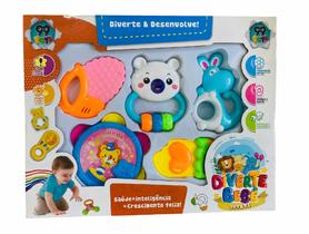 Kit Diverte e Desenvolve Bebê 99 Toys Chocalho Mordedor Silicone 5 Peças