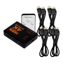 Kit Divisor Switch HDMI com 4 Cabos HUB 3x1 4K Chaveador Controle Remoto