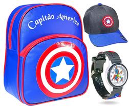 Kit do homem aranha batman capitão américa infantil mochila relógio e boné - kit personagem