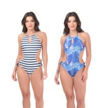 Kit Dois Maiôs Feminino Frente Única Engana Mamae Estampado Praia Verão Com Amarração