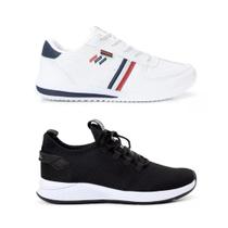 Kit Dois Pares Tênis Preto Branco Masculino Esportivo Casual Kit Dois Pares Tênis Preto Branco Masculino Esportivo Casual