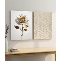 Kit Dois Quadros Decorativos Arte Flor Branca Abstrato Gold Branco Sala Hall 60x40cm
