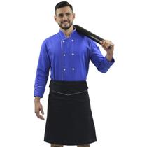 Kit Dólmã Chef de Cozinha Azul Elegance Avental de Cintura Preto - Wp Confecções