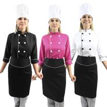 Kit Dolmã manga 3/4 + Chapéu + Avental chef de cozinha feminino - Demorgan Uniformes