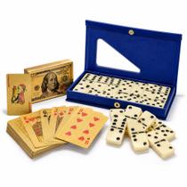 Kit Dominó De Osso Com Estojo + Baralho Dourado PVC Impermeável Anti Rasgo Kit Dominó De Osso Com Estojo + Baralho Dourado PVC Impermeável Anti Rasgo