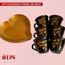 Kit Dourado 6 Pires Coração +06 Xicaras Cafe com fé