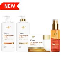 Kit Dove Shampoo 600 Ml+ Cond 600 Ml + Mascara 270Gr + Serun 100 Ml UV Repair & Glow Ferulico Kit Dove Shampoo 600 Ml+ Cond 600 Ml + Mascara 270Gr + Serun 100 Ml UV Repair & Glow Ferulico