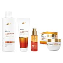 Kit Dove UV Repair Glow e Ferúlico: Shampoo 370ml + Cond 250ml + Máscara + Óleo e Sérum Bifásico