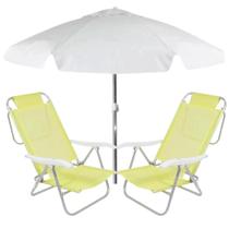 Kit Duas Cadeiras de Praia Sunny Dobravel + Guarda Sol 1,60m Branco Bel