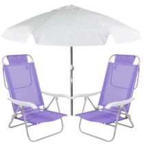Kit Duas Cadeiras de Praia Sunny Dobravel + Guarda Sol 2 M Branco Bel