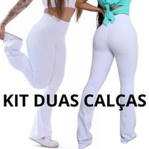 KIT DUAS Calças Leggings FLARES Brancas BAILARINA Lisa Suplex Academia Enfermagem Esteticista Cós Alto, Fisioterapeutas, Dentistas, Enfermagem