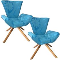 Kit Duas Poltronas Elegance Base Giratória Ferro e Madeira Jacquard Azul Turquesa