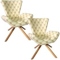Kit Duas Poltronas Elegance Base Giratória Ferro e Madeira Jacquard Capitonê Bege