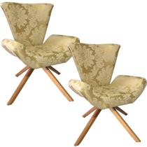 Kit Duas Poltronas Elegance Base Giratória Ferro e Madeira Jacquard Dourado
