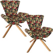 Kit Duas Poltronas Elegance Base Giratória Ferro e Madeira Jacquard Floral Ibisco
