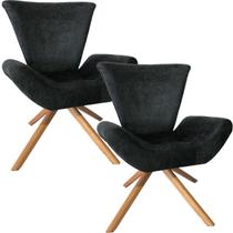 Kit Duas Poltronas Elegance Base Giratória Ferro e Madeira Sued Preto