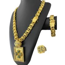 Kit Dubai 15Mm + Anel E Pingente Trevo - Banhado Ouro 18K