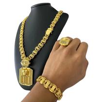 Kit Dubai 15Mm Cravejado + Anel E Pingente 00 Banhado A Ouro