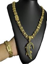 Kit dubai 15mm fecho especial pingente jacaré banhado a ouro