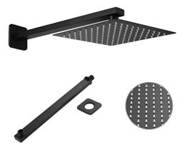 Kit Ducha Chuveiro Slim Inox 20x20 Braço Preto Fosco E145