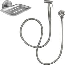 Kit Ducha Higiênica Escovado Saboneteira De Parede Acessórios Banheiro Aço Inox 304 Porta Sabonete E Chuveirinho Íntimo