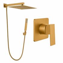 Kit Ducha Quadrada 20x20 Slim com desviador + Acabamento para registro Monocomando base Docol 3/4 Dourado Fosco
