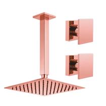 Kit Ducha Quadrada 20x20 Slim de teto + 2 Acabamentos para Registro base deca Cogumelo Até 1'' Pol Rose-Gold Brilhante
