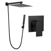 Kit Ducha Quadrada 20x20 Slim Gás Solar com desviador e Acabamento para registro Monocomando base Padrão Deca Alavanca Preto Fosco Metal