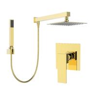 Kit Ducha Quadrada 20x20 Slim Ultra Fina Gás Solar com desviador e Acabamento para registro Monocomando base padrão Deca Dourado Champanhe Brilhante