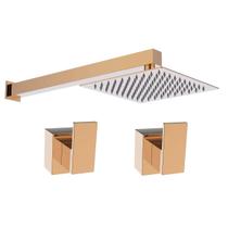 Kit Ducha Quadrada 20x20 Slim Ultra Fina Gás Solar Piscina com 2 Acabamentos para Registro base padrão Deca Alavanca de 1/2 ou 3/4 Rose Gold Brilhante