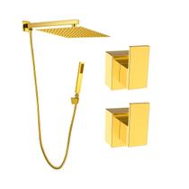 Kit Ducha Quadrada 20x20 Slim Ultra Fina Gás Solar Piscina com desviador e 2 Acabamento para Registro base Deca de 1/2 ou 3/4 Dourado Brilhante