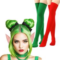 Kit Duende Acessório Fantasia: Orelha Elfo + 2 Pares de Meia 7/8 Verde e Vermelho = 3 Produtos