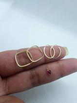 Kit Dupla Brinco Argola Quadrada e Oval Pequeno com Pingente Zircônia Ouro 18K