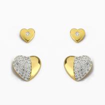 Kit Dupla Brinco Coração Cravejado Zircônia Banhado Ouro 18K